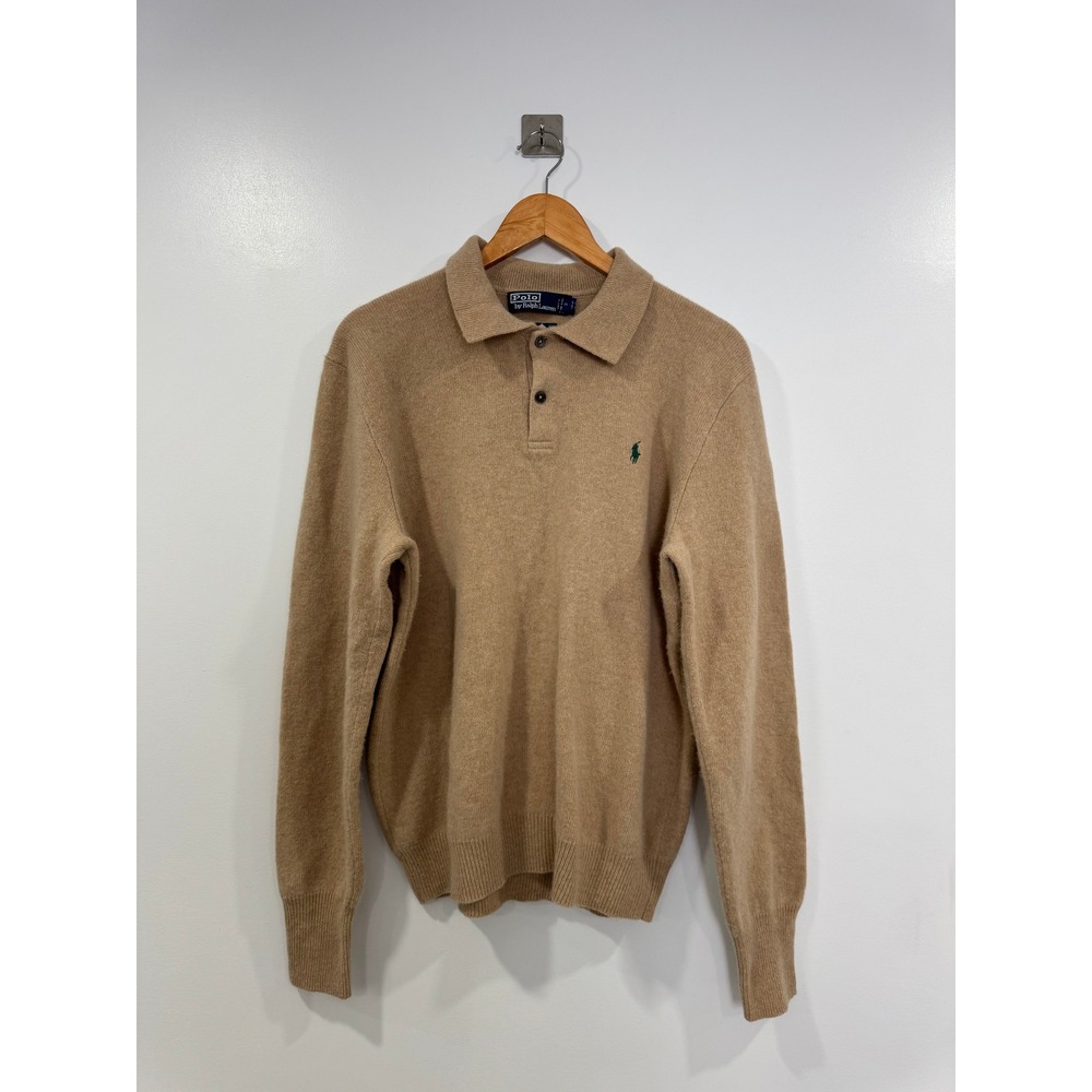 Polo Ralph Lauren Men Tan Lambswool Long Sleeve Polo Sweater Large